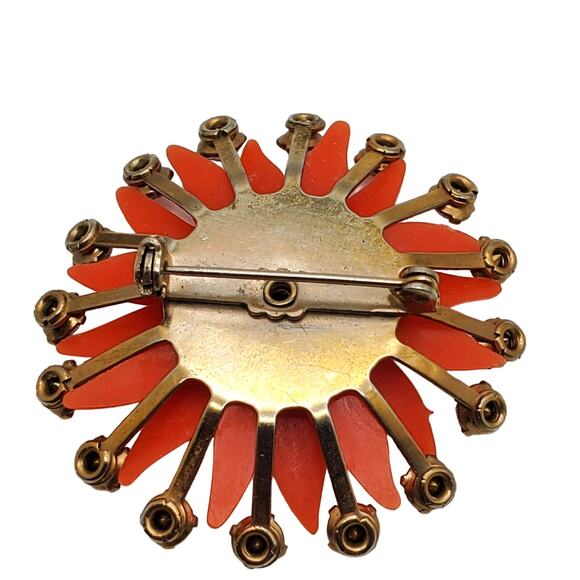 Orange Plastic Brooch Rhinestone Sunburst Pin Star Petal Flower Vintage 1960s - Picture 3 of 4